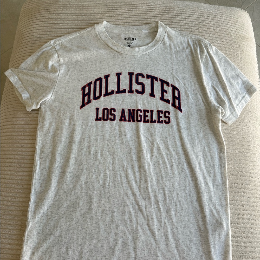 Hollister Light Gray Tee with Dark Red Text